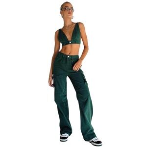 Princess Polly PAIGE Mid Rise Cargo Jeans - Denim Green (Size 0)